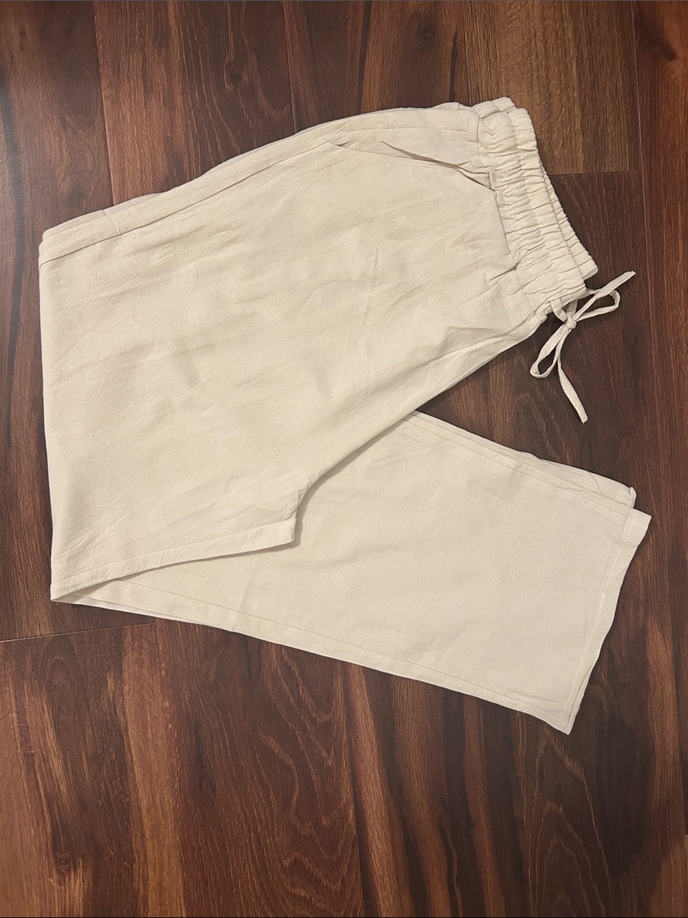New Casual Drawstring Elastic Waist Linen Beach Pants - Cream
